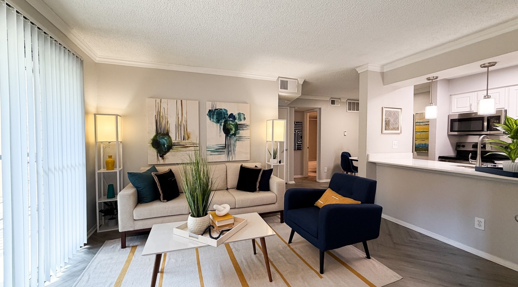 a living room with a couch and a table