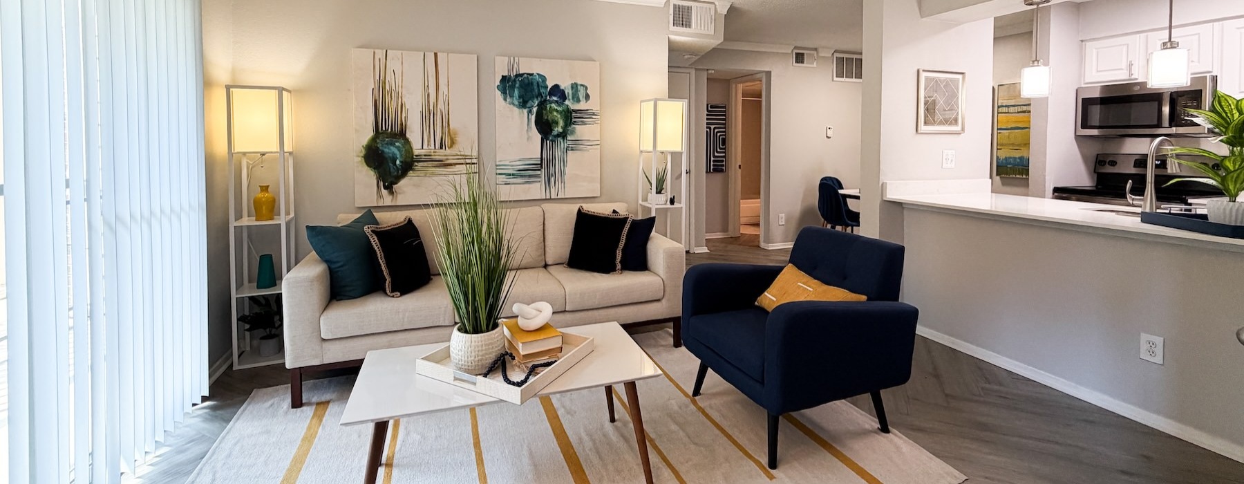 a living room with a couch and a table